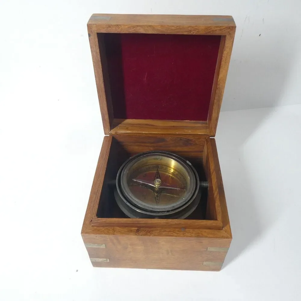 Brass Compass w/Wooden Box Nautical Maritime Vintage Style